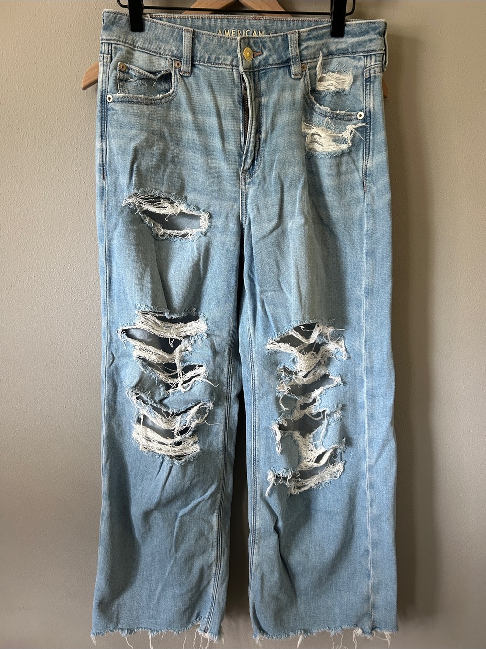 American Eagle Outfitters Light Blue Distressed Wide Leg Jeans